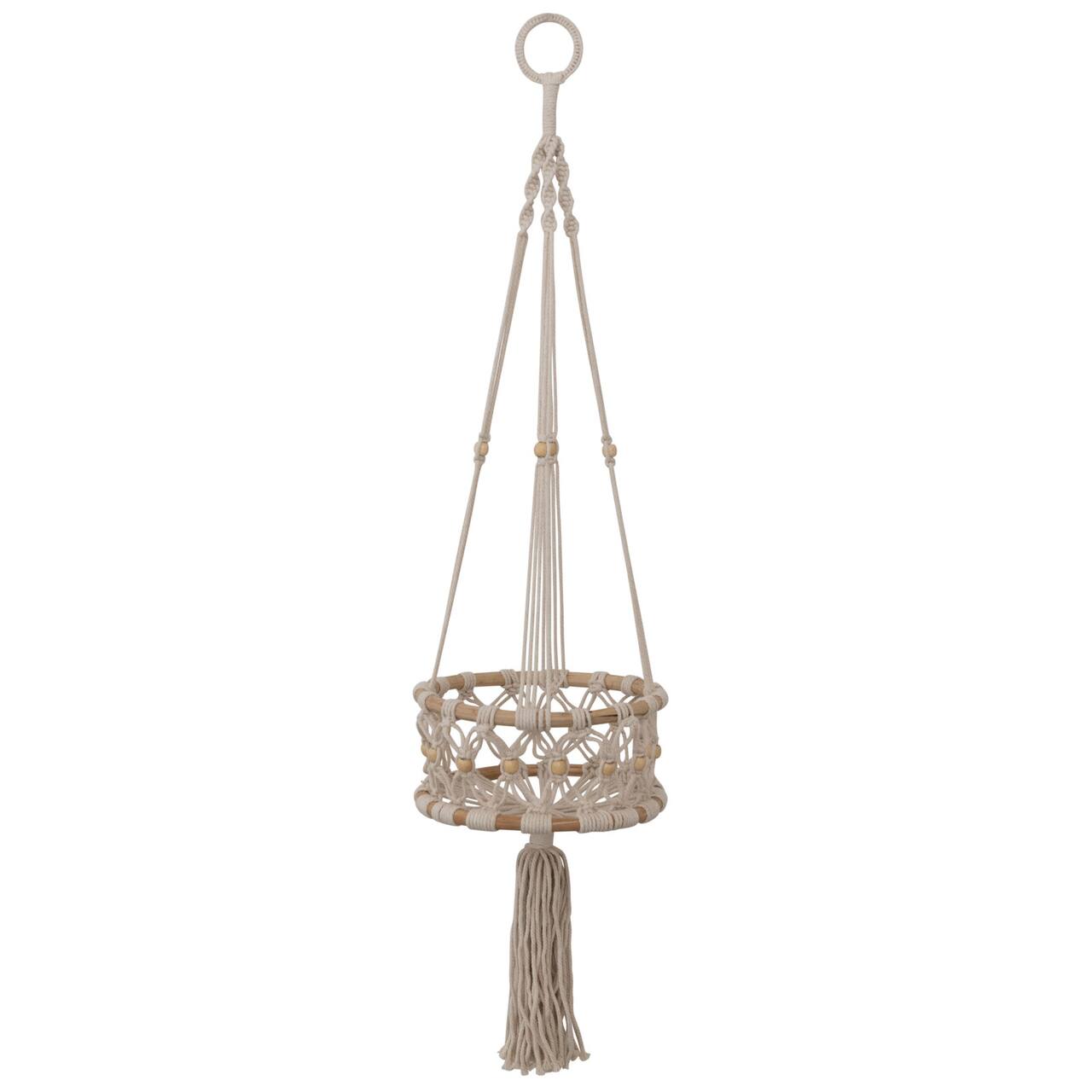 Hello Honey® 33.5" Natural Handwoven Cotton Macramé & Rattan Plant Hanger with Wood Beads